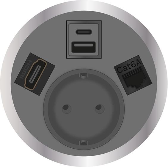 Модул Port El с 1х Шуко, USB тип A+C, RJ45 Cat.6A и HDMI, цвят Сив, ABL