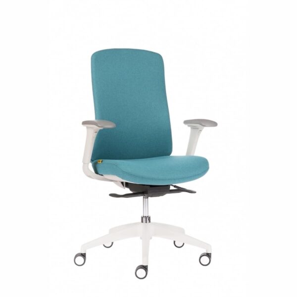 Ергономичен стол EDWIN със светлосива рамка, висока облегалка и 4D подлакътници.