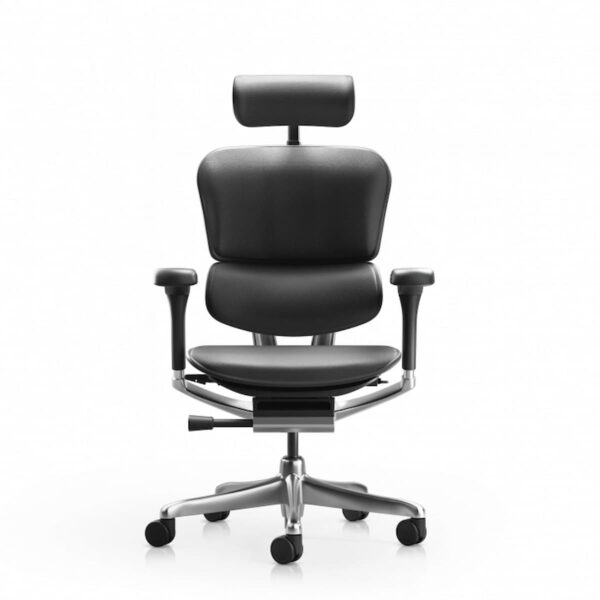 Ергономичен офис стол Ergohuman Elite 2 LE с естествена кожа, мрежеста облегалка, 6D лумбална опора и алуминиева конструкция.