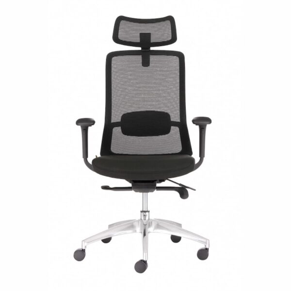 Ергономичен офис стол POLARIS с мрежеста облегалка, регулируема лумбална опора, 2D подглавник и алуминиева основа.