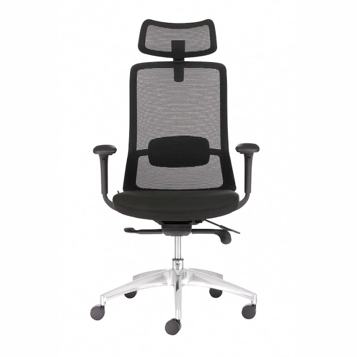 Ергономичен офис стол POLARIS с мрежеста облегалка, регулируема лумбална опора, 2D подглавник и алуминиева основа.