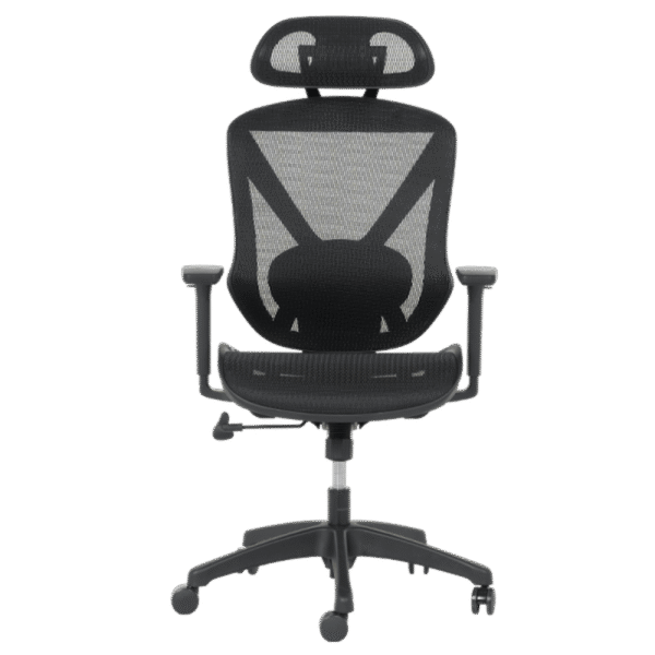 Ергономичен офис стол CAEN – черен с дишаща мрежа, 2D подглавник, 1D подлакътници, лумбална опора и Tilt tension механизъм.