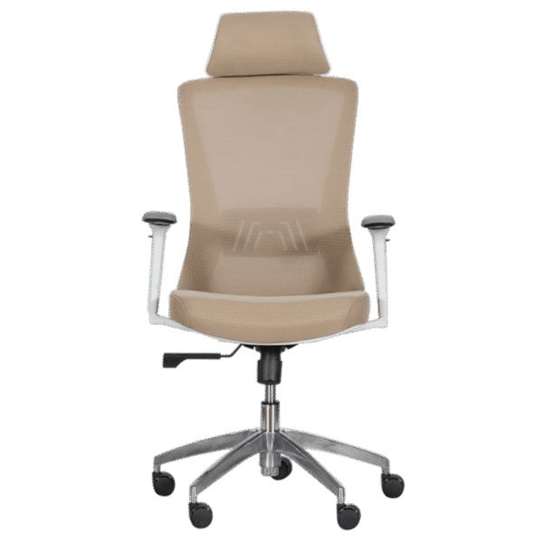 Ергономичен офис стол Carmen 7542 W – бежов с мрежеста облегалка, 3D подлакътници, регулируем подглавник и лумбална опора.