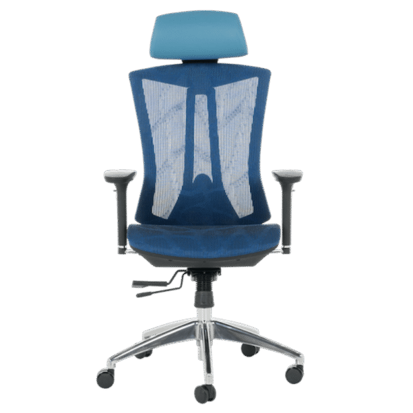Ергономичен офис стол Carmen 7577 – син с мрежеста облегалка, широка седалка, регулируем подглавник, 3D подлакътници и лумбална опора.