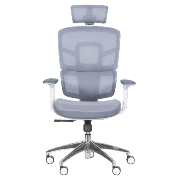 Ергономичен офис стол Carmen 7579 – сив с мрежеста облегалка, 3D подлакътници, 3D подглавник и фиксирана лумбална опора.