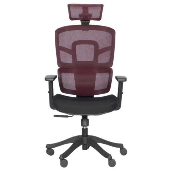 Ергономичен офис стол Carmen 7582 в червено-черен цвят с дишаща мрежа, 3D подглавник, 2D подлакътници и лумбална опора.