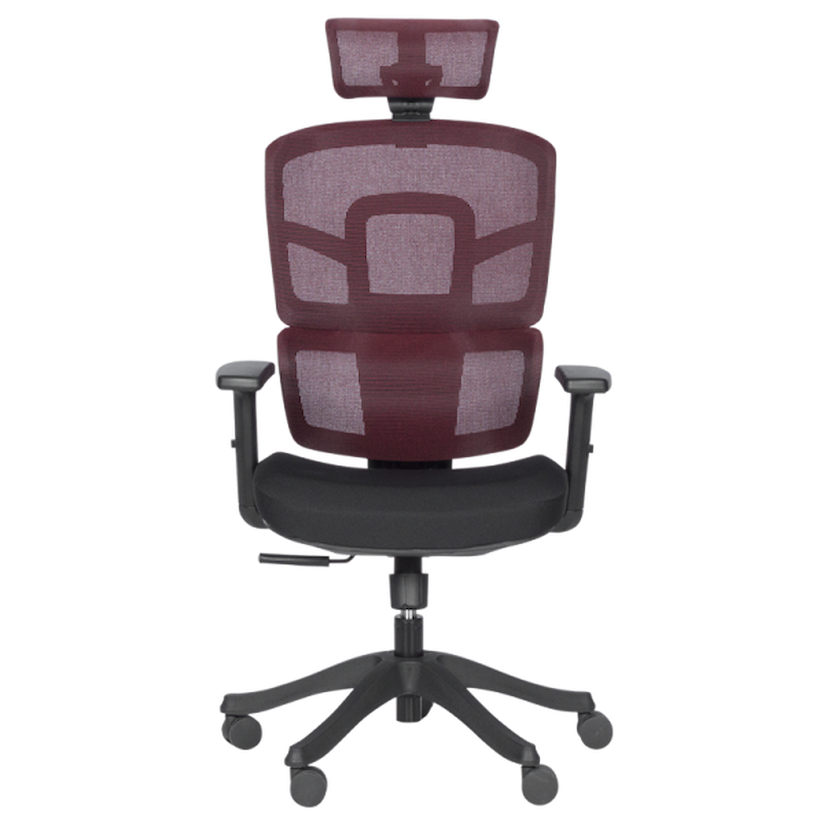 Ергономичен офис стол Carmen 7582 в червено-черен цвят с дишаща мрежа, 3D подглавник, 2D подлакътници и лумбална опора.