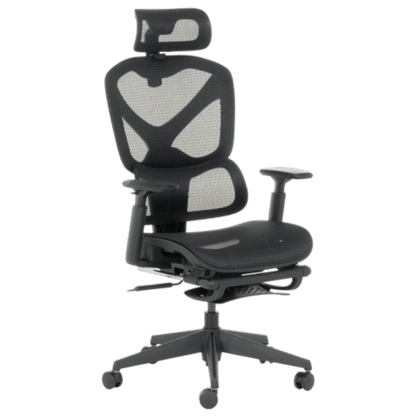 Ергономичен офис стол COLMAR – черен с мрежеста облегалка и седалка, 2D подглавник, 3D подлакътници, лумбална опора и регулируема поставка за крака.
