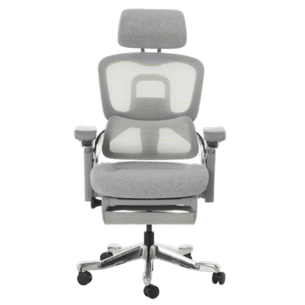 Ергономичен офис стол DOLE W в сиво – с алуминиева основа, дишаща мрежа, 3D подглавник, 4D подлакътници и поставка за крака.