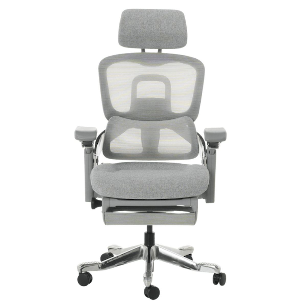 Ергономичен офис стол DOLE W в сиво – с алуминиева основа, дишаща мрежа, 3D подглавник, 4D подлакътници и поставка за крака.