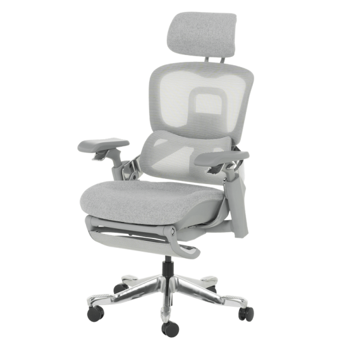 Ергономичен офис стол DOLE W в сиво – с алуминиева основа, дишаща мрежа, 3D подглавник, 4D подлакътници и поставка за крака.