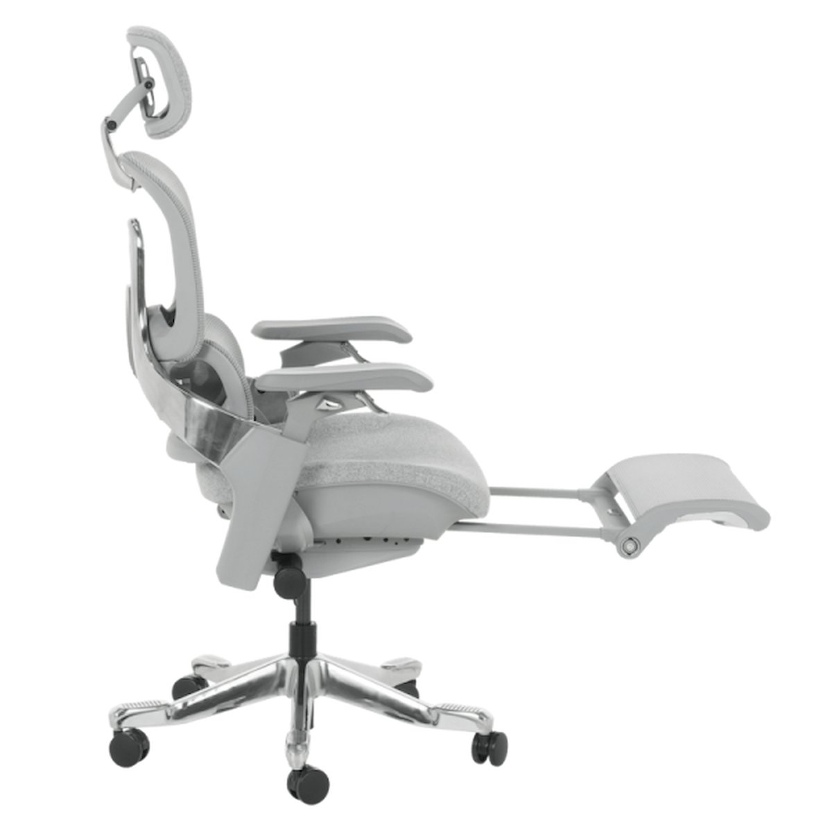 Ергономичен офис стол DOLE W в сиво – с алуминиева основа, дишаща мрежа, 3D подглавник, 4D подлакътници и поставка за крака.