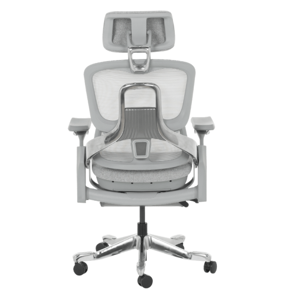 Ергономичен офис стол DOLE W в сиво – с алуминиева основа, дишаща мрежа, 3D подглавник, 4D подлакътници и поставка за крака.