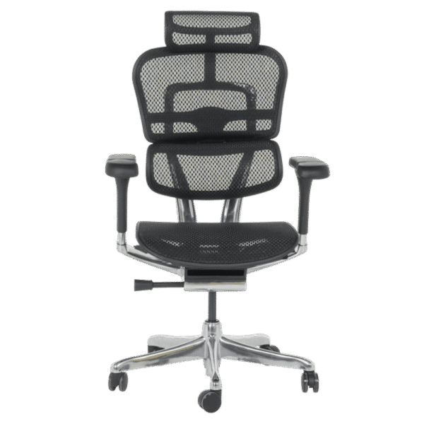 Ергономичен офис стол ERGOHUMAN ELITE 2 – черен, с мрежеста облегалка, 2D подглавник, 5D подлакътници и алуминиева основа.