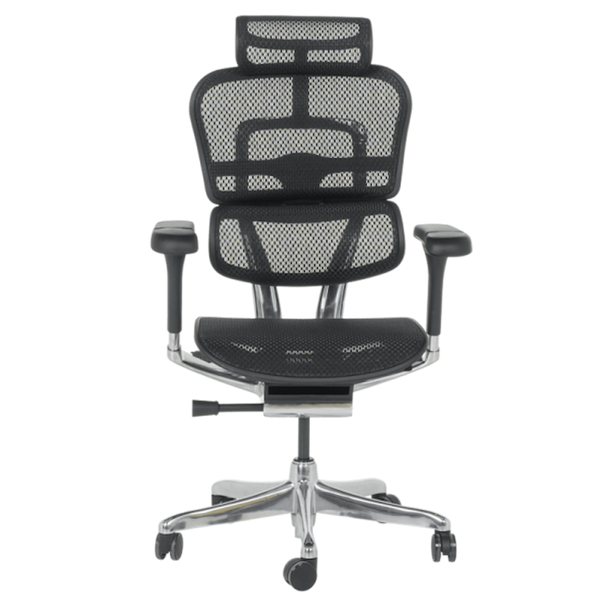 Ергономичен офис стол ERGOHUMAN ELITE 2 – черен, с мрежеста облегалка, 2D подглавник, 5D подлакътници и алуминиева основа.