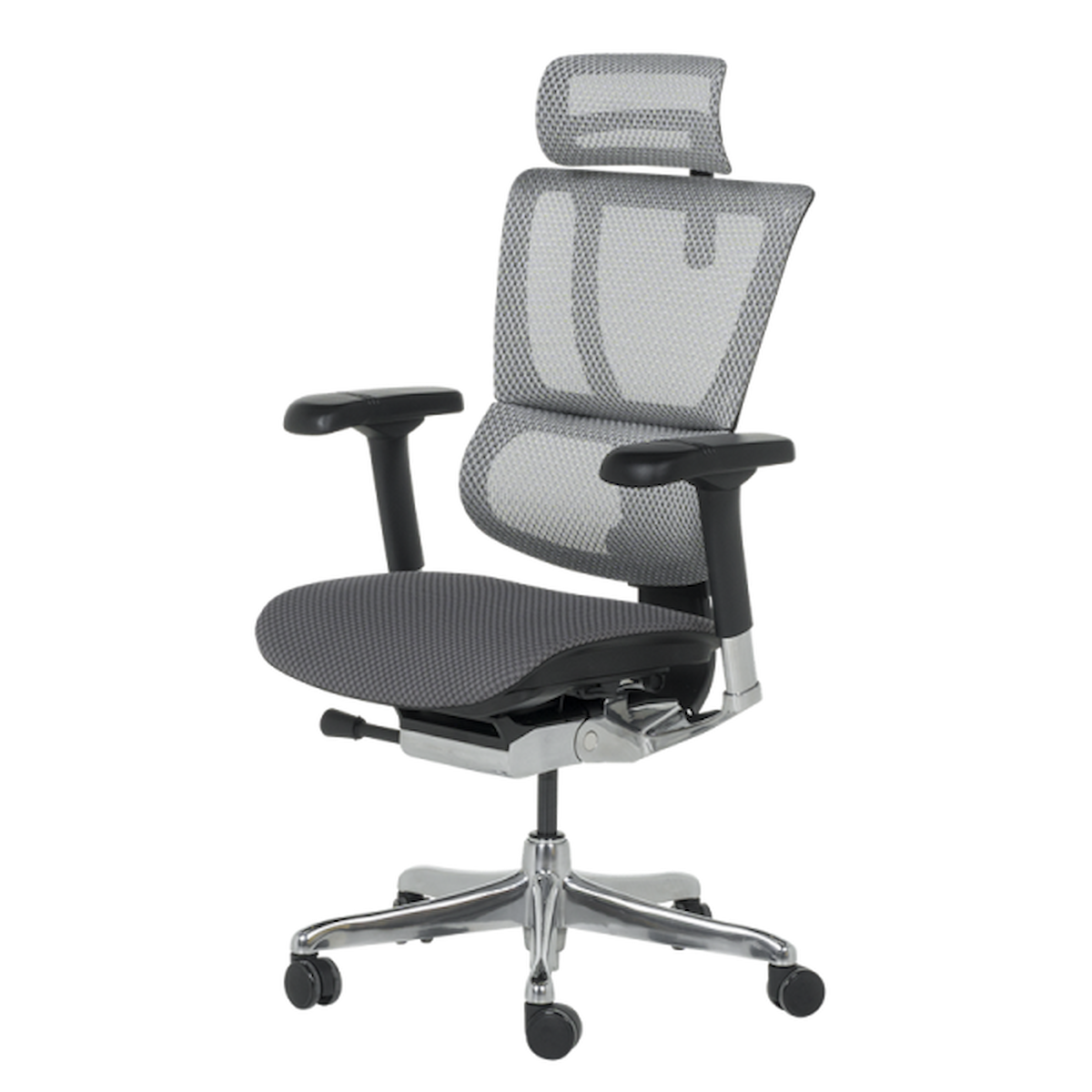 Ергономичен офис стол ERGOHUMAN IOO ELITE 2 – черна рамка, с мрежеста облегалка, 3D подглавник, 5D подлакътници и бионичен дизайн.