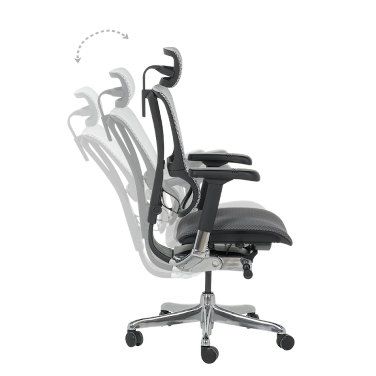 Ергономичен офис стол ERGOHUMAN IOO ELITE 2 – черна рамка, с мрежеста облегалка, 3D подглавник, 5D подлакътници и бионичен дизайн.