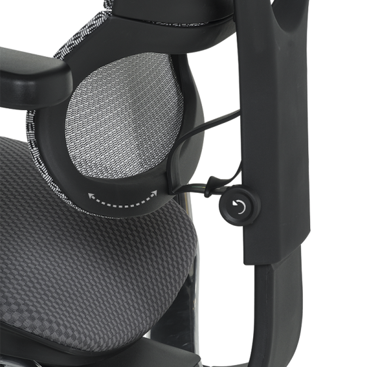 Ергономичен офис стол ERGOHUMAN IOO ELITE 2 – черна рамка, с мрежеста облегалка, 3D подглавник, 5D подлакътници и бионичен дизайн.