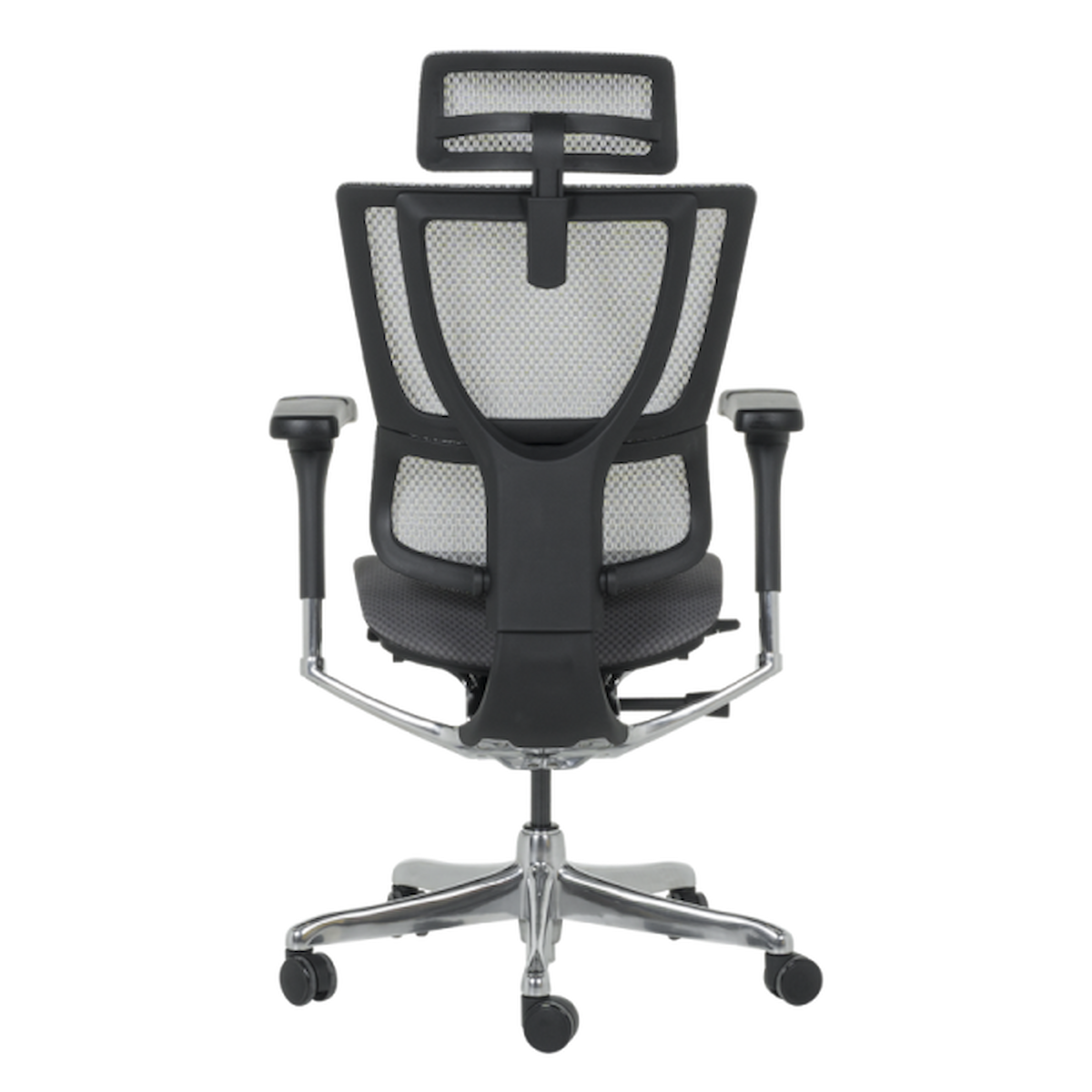 Ергономичен офис стол ERGOHUMAN IOO ELITE 2 – черна рамка, с мрежеста облегалка, 3D подглавник, 5D подлакътници и бионичен дизайн.