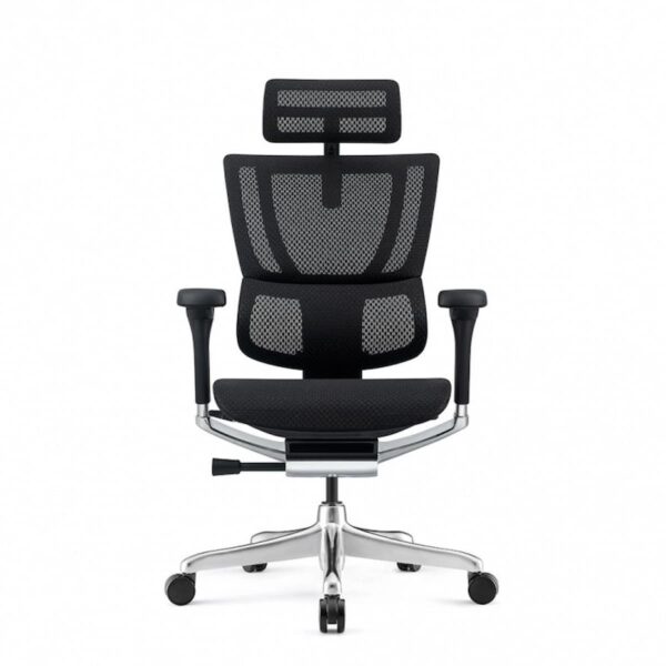 Ергономичен офис стол IOO ELITE 2 с мрежеста облегалка, регулируем подглавник, 5D подлакътници и алуминиева конструкция.