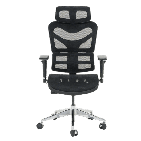 Ергономичен офис стол JASPER в черен цвят – с дишаща мрежа, 3D подлакътници, регулируем подглавник, лумбална опора и алуминиева основа.