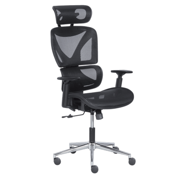 Ергономичен офис стол LORIENT – черен, с мрежеста облегалка, 2D подглавник, хромирана база и фиксирана лумбална опора.