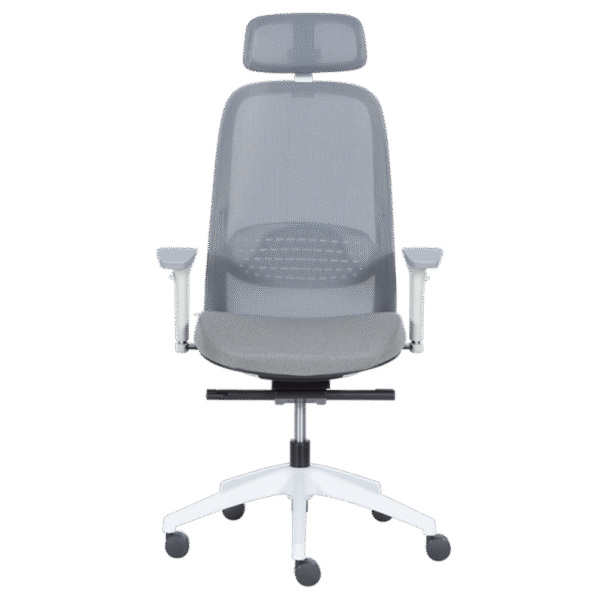 Ергономичен офис стол PANTIN – сив, с мрежеста облегалка, дамаска седалка, регулируема лумбална опора и 2D подлакътници.