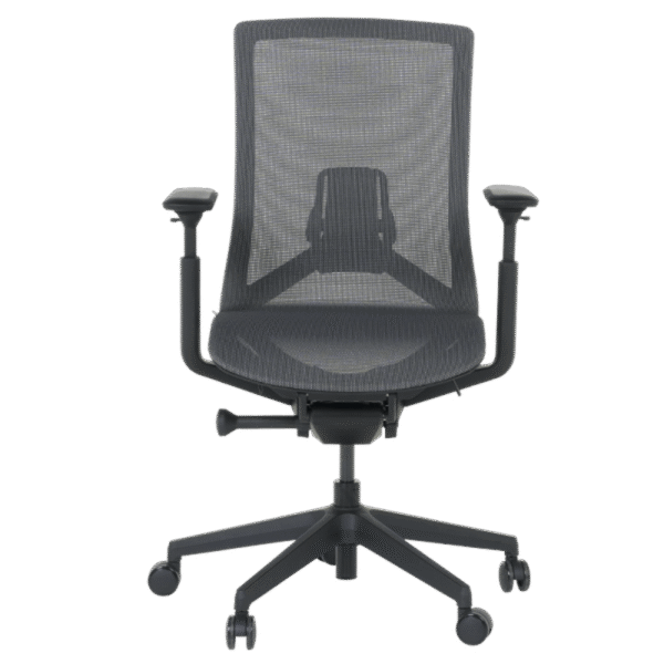 Ергономичен офис стол PRIMROSE – тъмносив, с мрежеста облегалка, 4D подлакътници и регулируема лумбална опора.