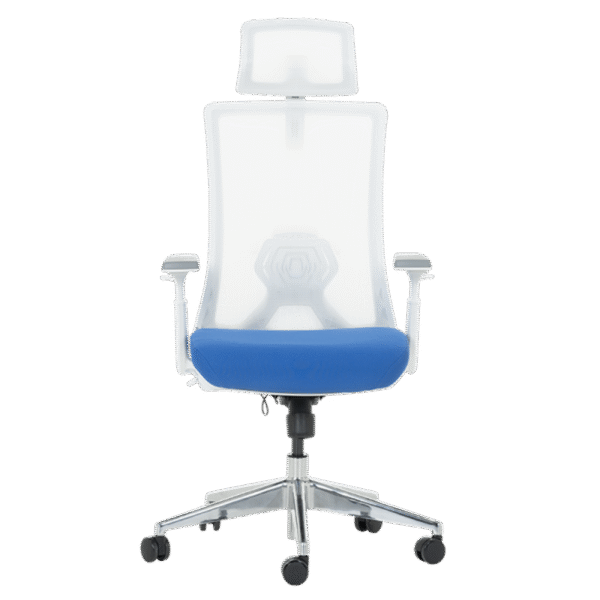 Ергономичен стол TATUI в син цвят с дишаща мрежа, 3D подлакътници, 2D подглавник и алуминиева база – комфортен офис стол с регулируема лумбална опора.