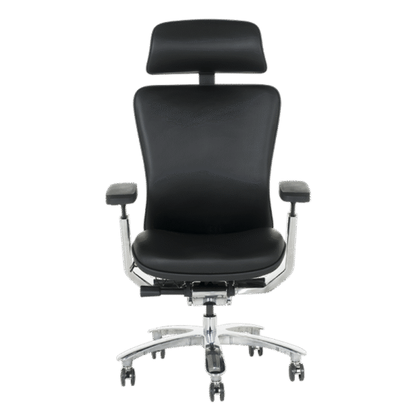 Ергономичен офис стол TRAIL LUX в черен цвят – естествена кожа, 4D подлакътници, регулируем подглавник, лумбална опора и алуминиева основа.