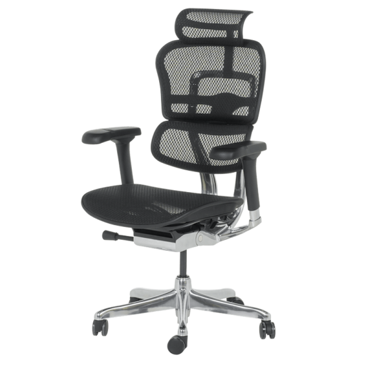 Ергономичен офис стол ERGOHUMAN ELITE 2 – черен, с мрежеста облегалка, 2D подглавник, 5D подлакътници и алуминиева основа.