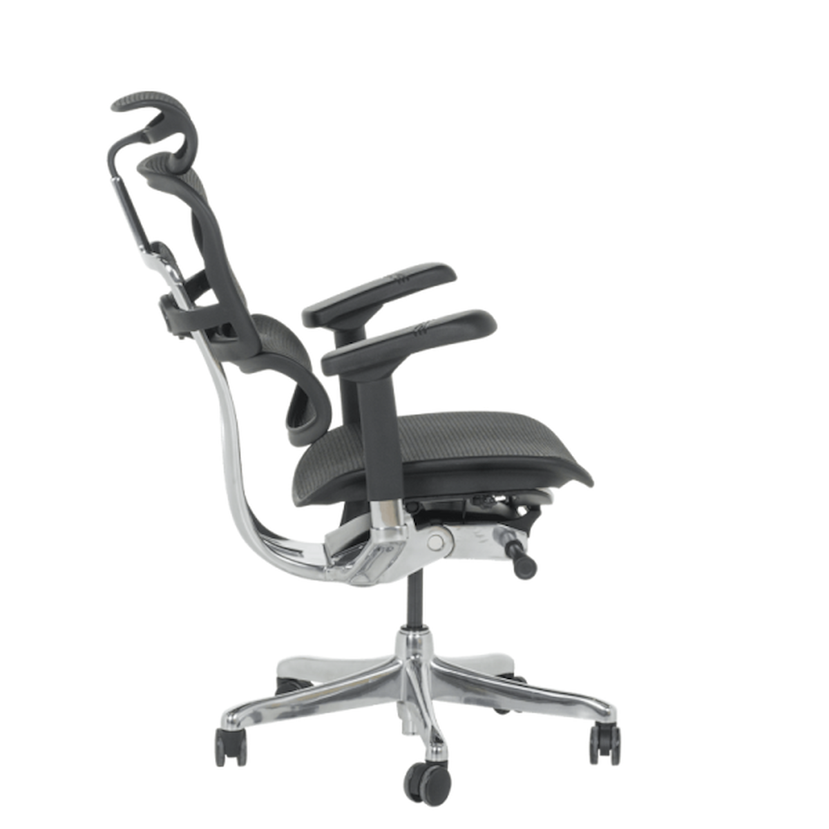 Ергономичен офис стол ERGOHUMAN ELITE 2 – черен, с мрежеста облегалка, 2D подглавник, 5D подлакътници и алуминиева основа.