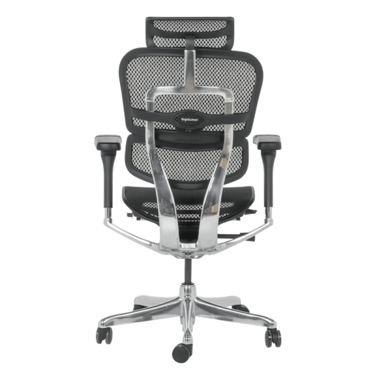 Ергономичен офис стол ERGOHUMAN ELITE 2 – черен, с мрежеста облегалка, 2D подглавник, 5D подлакътници и алуминиева основа.