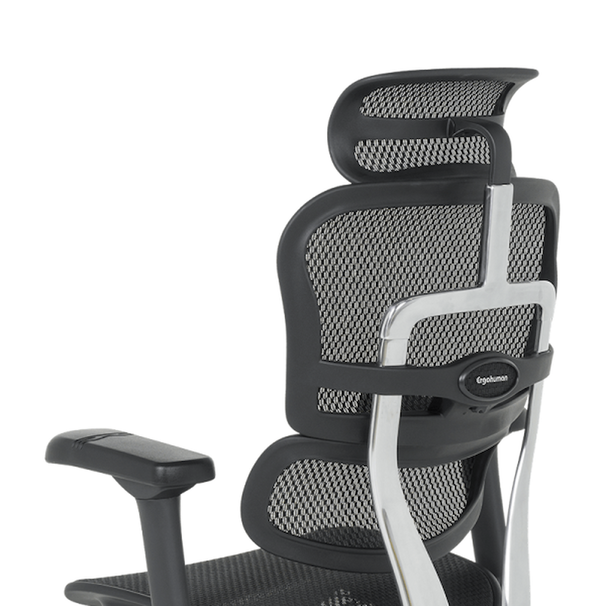 Ергономичен офис стол ERGOHUMAN ELITE 2 – черен, с мрежеста облегалка, 2D подглавник, 5D подлакътници и алуминиева основа.