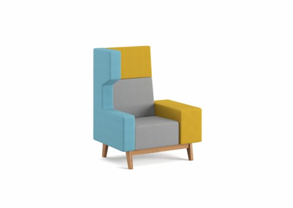 Акустично кресло U-nite M 101 с висок гръб, широки подлакътници и дървена основа, размери 78x105x130 см, в различни цветове и дамаски.