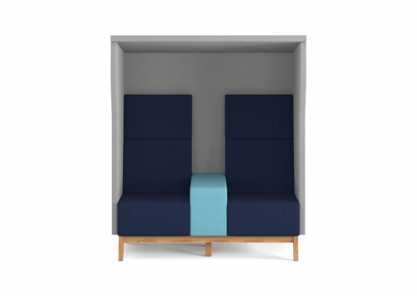 Акустична кабина U-nite M109, двуместна, с висок гръб, тапициран покривен панел и дървена основа h:20 см, размери 161×80×186 см, в различни цветове и дамаски.